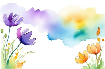 Fototapeta na wymiar Watercolor drawing of purple flowers on the left and yellow ones on the right, shapeless streaks of paint in the center on a white background, a banner with a place for the inscription