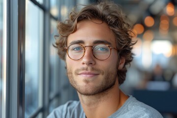 Fototapeta premium young guy in glasses with curly hair