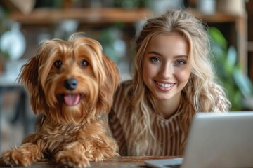woman working with her laptop accompanied by her pet dog in the modern beautiful kitchen of the house 
