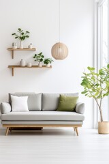 minimalistic interior in Scandinavian style. Modern light gray sofa, green plant in a pot, several shelves on the wall