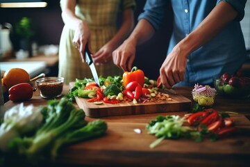 couple making vegetable salad in the kitchen. Vegetarianism, healthy eating, diet - obrazy, fototapety, plakaty