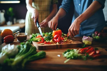 Deurstickers couple making vegetable salad in the kitchen. Vegetarianism, healthy eating, diet © Kate