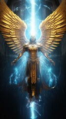 angel in golden armor, neon blue wings, wrapped in beam of light, shooting rays from hands, 8 k --ar 9:16