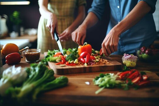 couple making vegetable salad in the kitchen. Vegetarianism, healthy eating, diet