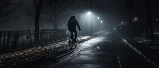 Cyclist Riding on a Foggy Street at Night.