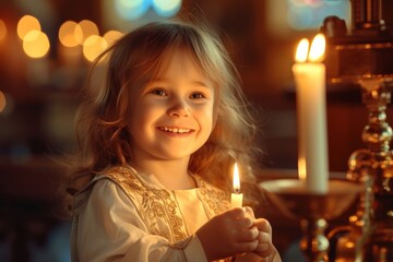 Obraz na płótnie Canvas cute smiling little child in girl headscarf holding a candle inside a russian orthodox church