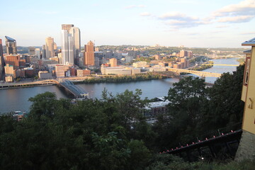 Panoramic view of downtown and river. Architecture of Downtown Pittsburgh. Southwest Pennsylvania...