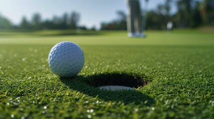 A close-up of a golf ball near the hole.

