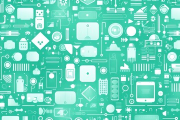 Fototapeta na wymiar Mint green abstract technology background using tech devices and icons