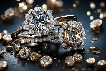 Fototapeta premium A captivating scene featuring diamond rings adorned with various cuts and sizes, the high-definition camera showcasing their brilliance and rich allure in stunning