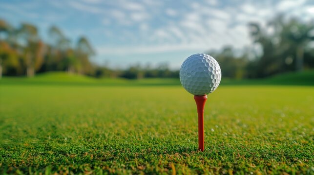 A close-up of a white golf ball on a bright red tee, ready for tee-off in golf course. 