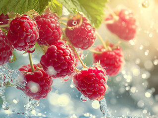 Ripe raspberries falling into water with splash, closeup