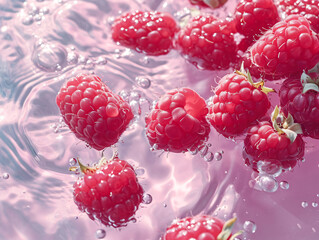 Ripe raspberries falling into water with splash, closeup