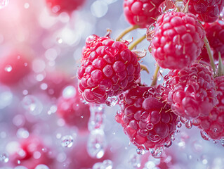 Ripe raspberries falling into water with splash, closeup