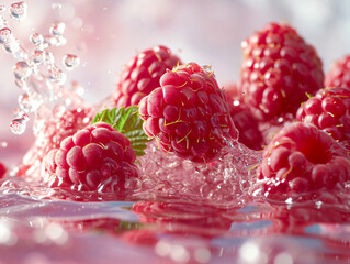 Ripe raspberries falling into water with splash, closeup