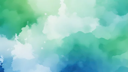 Deurstickers blue green and white watercolor background with abstract cloudy sky concept with color splash design and fringe bleed stains and blobs © Hendry