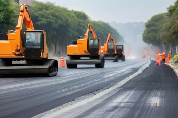 road roller and truck construction site worker working on road 