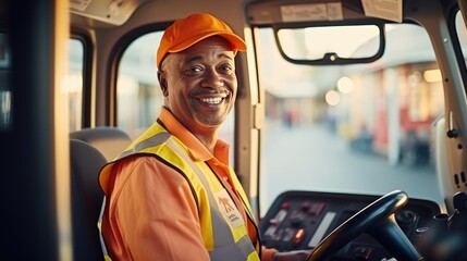 Smiling portrait of a senior male bus driver 