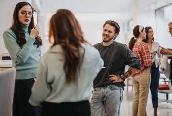A group of colleagues interact in a lively office setting, sharing ideas and collaborating...