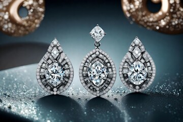 An artistic composition showcasing a variety of diamond earrings, the high-definition camera highlighting their unique designs and sparkling allure in vivid