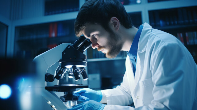 A young scientist intently focuses on a microscope in a sterile modern laboratory.