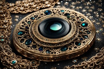 A detailed close-up of a captivating necklace design, the HD camera highlighting the intricate patterns and shimmering gemstones in mesmerizing