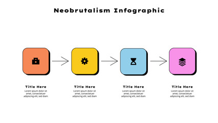 Neobrutalism horizontal progress diagram with four elements. Concept of 4 steps of business timeline. Creative infographic design template