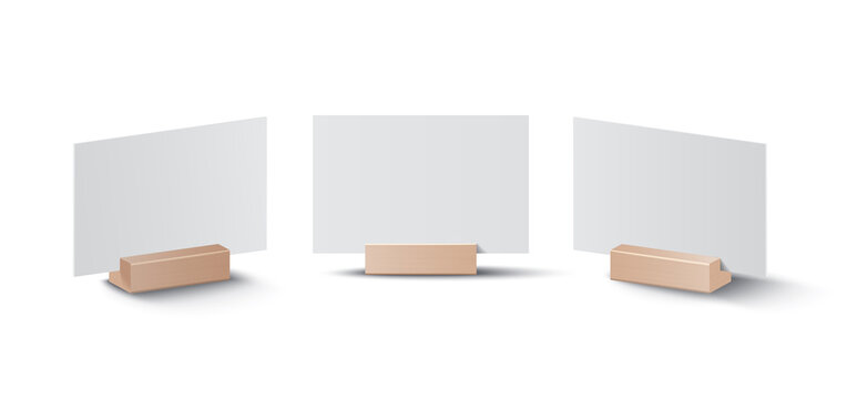 Blank card holder set. Mockup template or menu frame. Realistic blank paper sheet. Desktop identification plate, nameplate isolated on white background