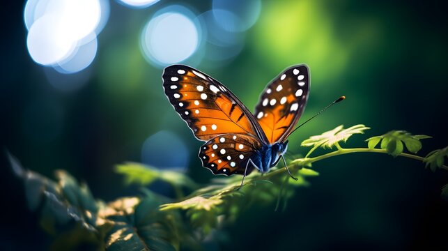 beautiful butterfly on a green branch, water on the background bokeh effect
