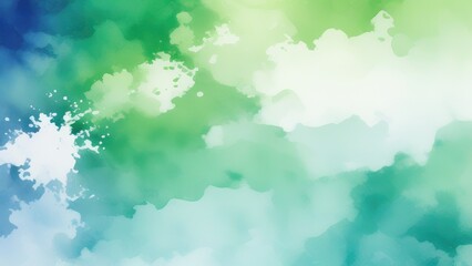 blue green and white watercolor background with abstract cloudy sky concept with color splash design and fringe bleed stains and blobs