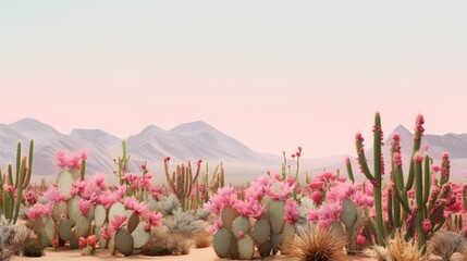 cactus plants with pink blooms in the desert, pink and green desert flora