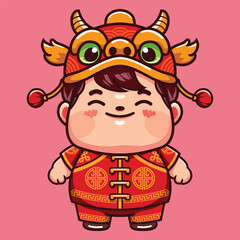 cute boy with traditional chinese clothes and dragon hat for chinese new year elements