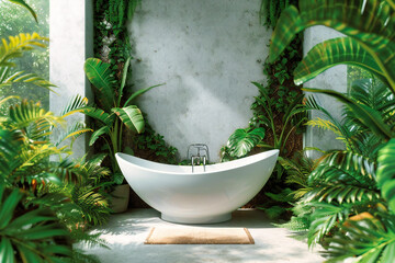 Fototapeta na wymiar Exotic Outdoor Bathtub in a Tropical Setting, Blending Nature and Luxury for a Relaxing Spa Experience