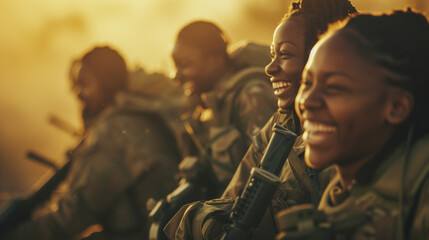 Candid group of black african american female army soldiers laughing and smiling at golden hour. AI generated - Powered by Adobe