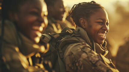 Candid group of black african american female army soldiers laughing and smiling at golden hour. AI generated - obrazy, fototapety, plakaty