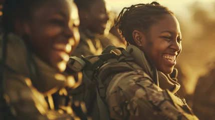Foto op Plexiglas Candid group of black african american female army soldiers laughing and smiling at golden hour. AI generated © Sophie
