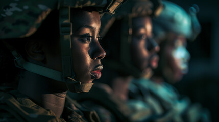 Group of black female army soldiers on the frontline preparing for war. AI generated