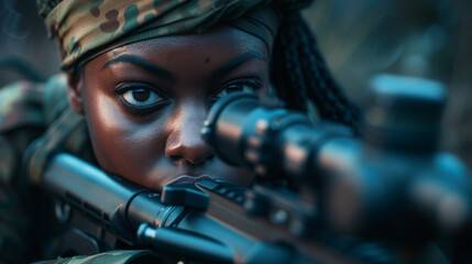 Close up of a young black female army soldier at war. AI generated