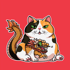 chinese dragon on calico cat body for chinese new year illustration
