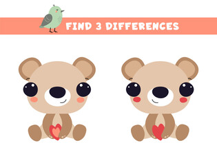 Find three differences between two pictures. Bear. Isolated on a white background.