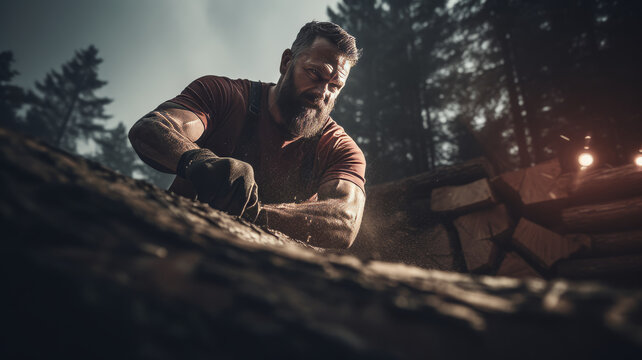 A cinematic photo of a lumberjack chopping wood with natural lighting, low angle, and muted color palette.