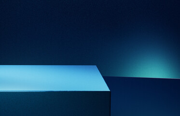 Blue square podium against blue background. 3d computer graphic template of displaying place for...