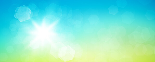 Fototapeta na wymiar Fresh spring abstract background with glowing sun and hexagonal bokeh. Graphic element with blue and green colour gradients.