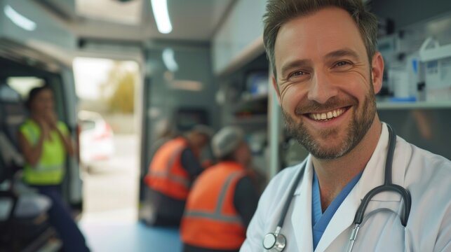 Dictor from hospital standing at rear of an ambulance, by the open doors.