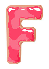 Cartoon cookies font. letter baking in colored glaze. Creative gingerbread typography design. Childhood sweet donut. Letter F