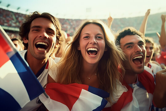 Stadium spectators with French flags, team support, championship event, enthusiastic crowd