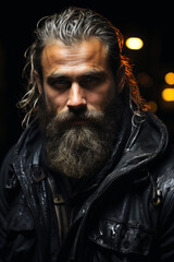 portrait of a brutal bearded old man motorcyclist biker in leather jacket