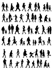 Vector illustration. Set of silhouettes of walking people. Walk. Sticker. Minimalism.