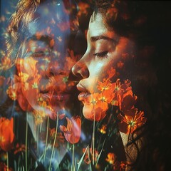Girl in flowers. Reflection of the soul. Showing feelings. - obrazy, fototapety, plakaty