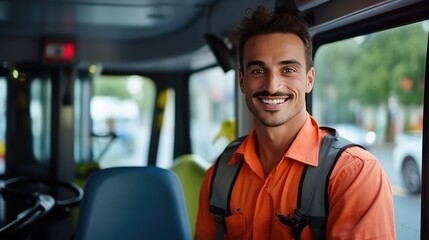 Fototapeta na wymiar Smiling portrait of a young male bus driver